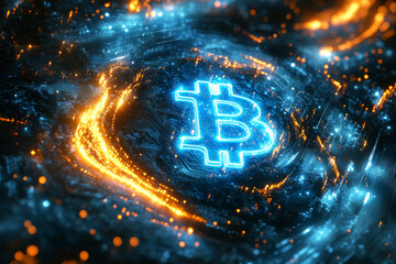 Wall Mural - glowing bitcoin cryptocurrency on circuit board