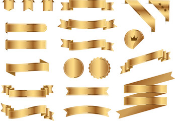 vector illustration set of elegant gold ribbon banners and labels. shiny metalic badges for premium 