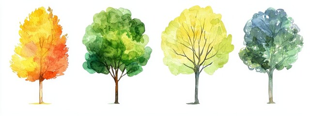 Fototapete - A set of graphic elements for architecture and landscape design, showcasing a hand-drawn minimalistic watercolor painting of trees in autumn and spring, viewed from the side.