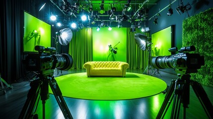 A lively green screen studio enhanced by yellow couches and various photographic equipment provides a dynamic and colorful environment tailored for diverse media production requirements