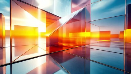 Aufkleber - Reflective Cubescape: A mesmerizing digital rendering of a futuristic cityscape, composed of reflective orange and blue cubes, bathed in a radiant, sunset-like glow.
