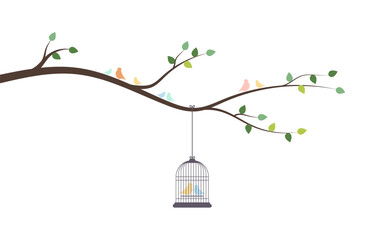bird in cages on tree branch