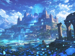 Wall Mural - A fantasy anime-style Fortress of Solitude radiates ethereal light creating a mystical atmosphere