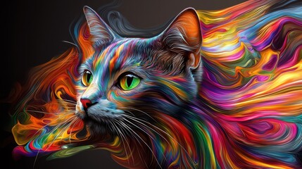  Colorful cat portrait with vibrant swirls of abstract patterns radiating from its fur