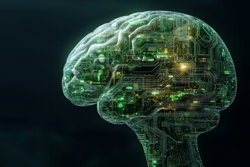 Wall Mural - The human brain visualizing intelligent thought processes through a neural network circuit board, combined with big data and stock elements, in a computer-generated stock photo