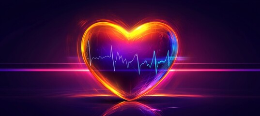 Wall Mural - Glowing Neon Heartbeat Line with Orange and Red Blurred Heart, Medical Background 3D Render