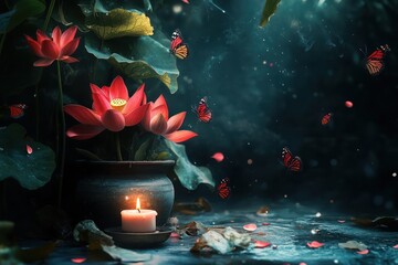 Wall Mural - Flower pot, lit candle, garden, flying butterflies, background petals. Use spiritual