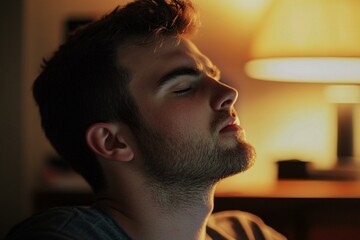 Young Man in His Late 20s Taking a Deep Breath with Eyes Closed in Warm Ambient Light