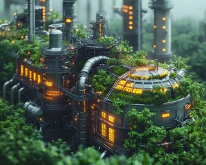 Poster - Futuristic Glowing Sustainable Factory Blending Nature and Industry