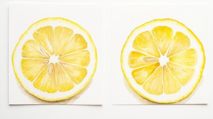 Wall Mural - Two watercolor lemon slices on white background; food photography for recipe books