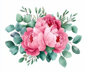 Wall Mural - Watercolor illustration showcasing a bouquet of pink flowers and eucalyptus greenery. The bouquet features dusty roses and soft light blush peonies, styled in a border, wreath, and frame format.