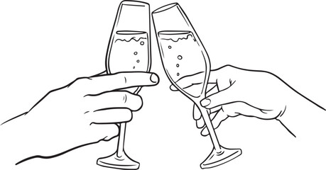 Wall Mural - Hand drawn outline sketch of two hands clinking champagne or cocktail glasses in a celebratory toast. Perfect for party, wedding, New Year, or special occasion designs.