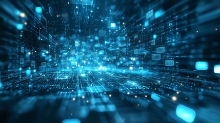 A 3D render of an abstract network with random programming code, illustrating web and software development, futuristic technology, digital connectivity, and cyberspace.