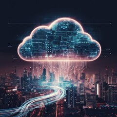 a glowing cloud icon filled with data streams over a futuristic city at night, symbolizing the flow 