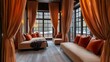 © RaksaLinggo - Luxurious room features cozy daybeds with orange colored curtains