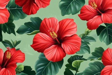 Canvas Print - Vibrant red hibiscus flowers on a soft green background, perfect for tropical themes, summer events, and botanical designs