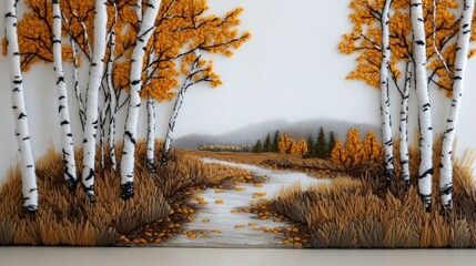 A tranquil autumn scene, featuring a winding stream, tall trees with orange leaves, and a soft, muted color palette.