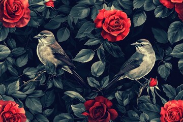 Canvas Print - Beautiful illustration of sparrows amidst lush red roses on a dark background, perfect for romantic and nature themed designs