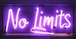 © antishock - Glowing neon sign displaying No Limits in bold radiant purple letters, mounted on a dark background, symbolizing boundless potential, ambition, and limitless possibilities