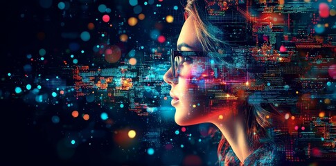 With VR glasses on, a woman examines a portrait, accompanied by a hologram, a glowing virtual headset with connections, and an earth sphere linked by lines.