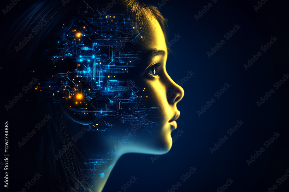 Futuristic human head merging with glowing AI circuits, symbolizing the ...