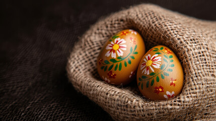 Wall Mural - Decorated wooden Easter eggs nestled in burlap sack, showcasing floral designs