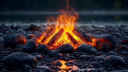 Wall Mural - surreal campfire with mythical flame creatures casting glowing shadows on rocks