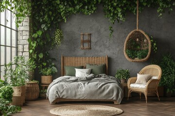 Aufkleber - Cozy bedroom with natural decor, greenery, and a peaceful ambiance in a modern urban setting