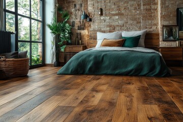 Canvas Print - Cozy bedroom featuring natural wood flooring and large windows with lush greenery outside