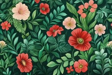 Canvas Print - Vibrant floral pattern featuring rich red and pink blossoms against a dark green background, perfect for spring themed designs, textiles, and decor