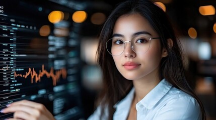 Wall Mural - confident young asian female professional analyzing complex financial data and statistics on digital