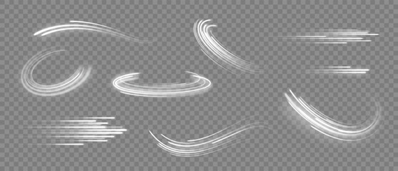 Glowing lines. Speed effect curved and straight lines and tornado wind swirl, white light trails. Abstract magic sparkles, dynamic motion traces with glow. Vector isolated set.
