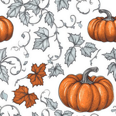 a hand-drawn pumpkin patch pattern with detailed autumn leaves and vines