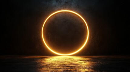 Wall Mural - glowing orange circle illuminates a dark reflective surface