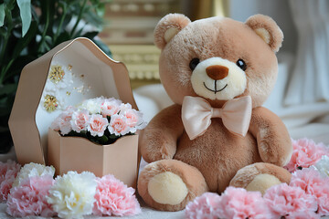 Poster -  bear plush with flower gift box and carnations