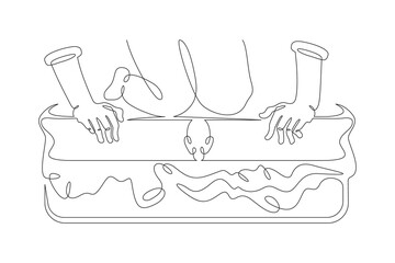 Wall Mural - Continuous one line drawing packing luggage. Hands and feet close the suitcase.Packing for vacation. One continuous line isolated minimal illustration.Not AI.