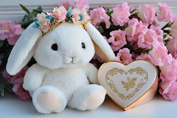 Poster -  bunny plush with heart gift box and snapdragons