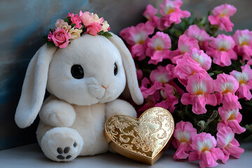 Poster -  bunny plush with heart gift box and snapdragons