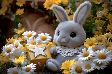 Poster -  bunny plush with star gift box and daisies