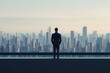 © Preeyanuch - A businessman stands overlooking a modern city skyline, contemplating future opportunities and growth.