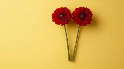 Wall Mural - Two red dahlias on yellow background, minimalist floral design, greeting card