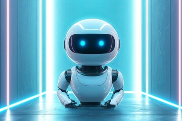 3d abstract digital ai robot floating above a light blue neon portal. technology innovation backgrou