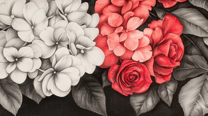 Wall Mural - a close-up of a heart-shaped floral design in a realistic pencil sketch, highlighting pink hydrangea
