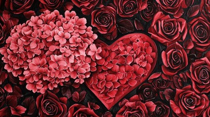 Wall Mural - a close-up of a heart-shaped floral design in a realistic pencil sketch, highlighting pink hydrangea
