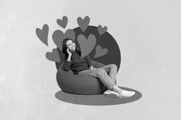 Wall Mural - Collage photo of young attractive lady sitting dreaming look up minded about her date with boyfriend love symbols isolated on blue background