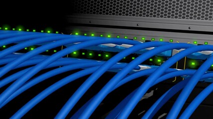 Wall Mural - server rack with light switch boards and cables. inside data center ethernet wire connected switch