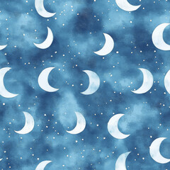 Wall Mural - A dreamy moon phase pattern, where crescent and full circles represent different lunar cycles in a soft watercolor night sky theme