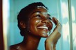 © id512 - retro portrait of a smiling african american woman skincare routine vintage aesthetic beauty and wellness concept