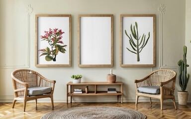 A cinematic medium shot of a modern, minimalistic interior with a black thin-framed blank vertical poster on the wall. The room has hardwood floors, a sofa, plants, and a lamp using AI generated