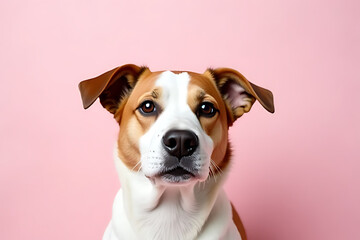 Wall Mural - close up portrait of dog with brown and white coat against pink background, showcasing its expressive eyes and calm demeanor